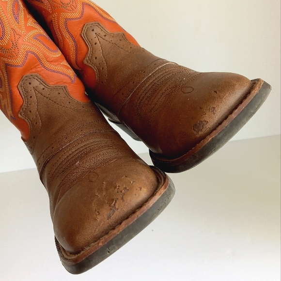 JUSTIN Stampede Kids Tan & Sunrise Dusty Leather Square Toe Western Boots 4 D - Picture 7 of 11